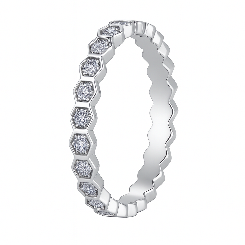 Silver ring with wavy design and embedded diamonds on a white background eternity ring