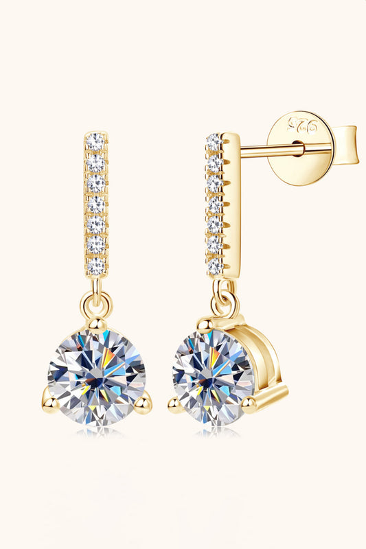 Pair of 2-carat gold moissanite drop earrings in a luxury black Shine Diamond gift box,
